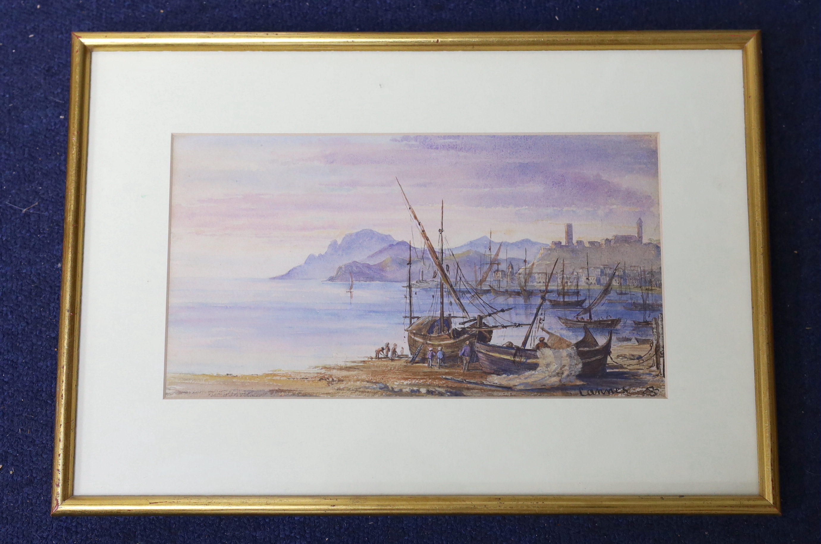 19th century English School, watercolour, Cannes harbour scene, moored fishing boats, inscribed, 28cm x 15cm